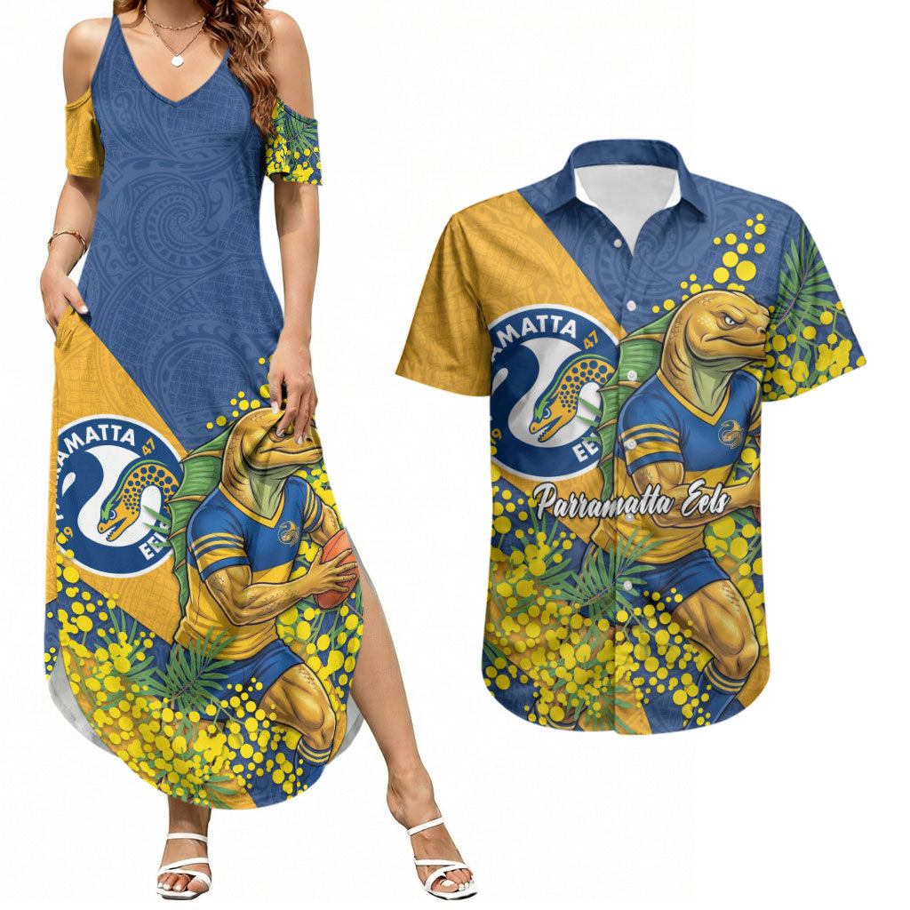 Parramatta Eels Couples Matching Summer Maxi Dress and Hawaiian Shirt Golden Wattle Floral Polynesian - Australian Flower - Rugby Mascot