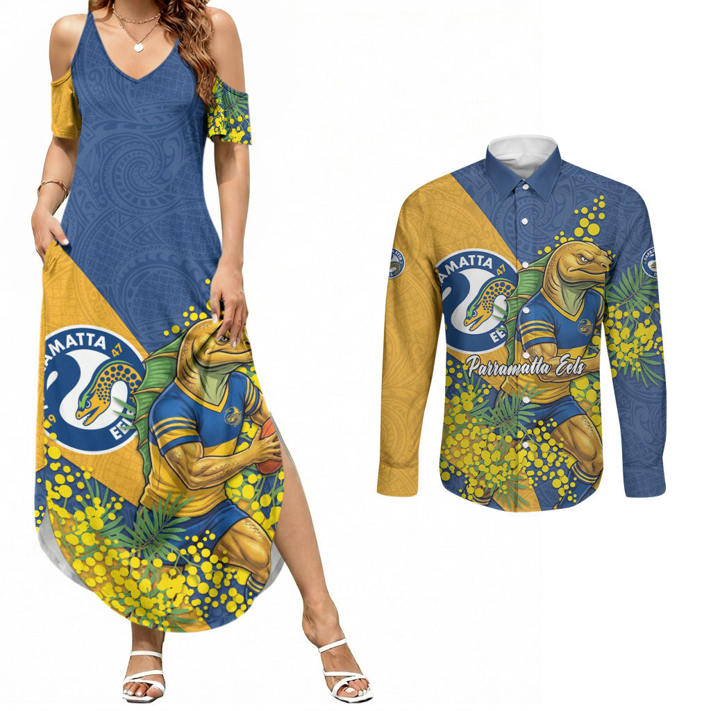 Parramatta Eels Couples Matching Summer Maxi Dress and Long Sleeve Button Shirt Golden Wattle Floral Polynesian - Australian Flower - Rugby Mascot