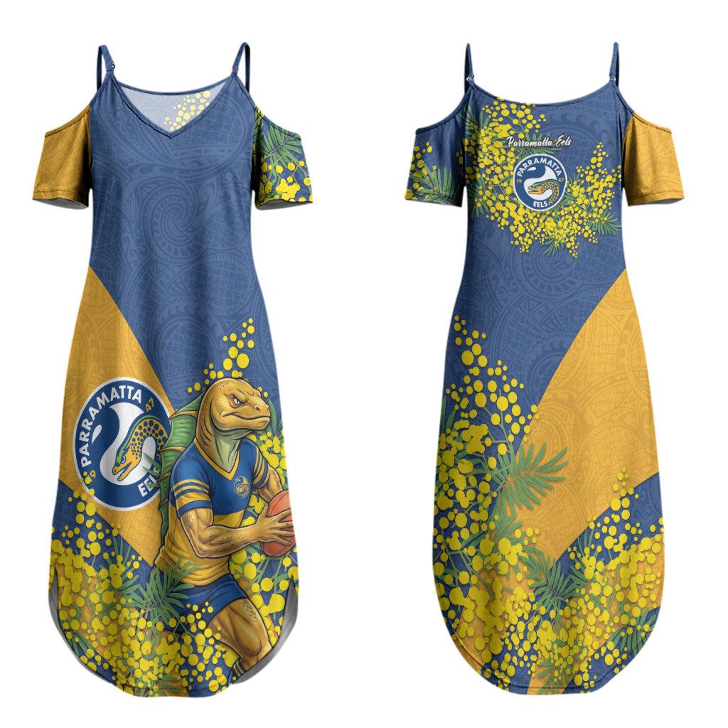 Parramatta Eels Couples Matching Summer Maxi Dress and Long Sleeve Button Shirt Golden Wattle Floral Polynesian - Australian Flower - Rugby Mascot