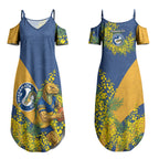 Parramatta Eels Couples Matching Summer Maxi Dress and Long Sleeve Button Shirt Golden Wattle Floral Polynesian - Australian Flower - Rugby Mascot