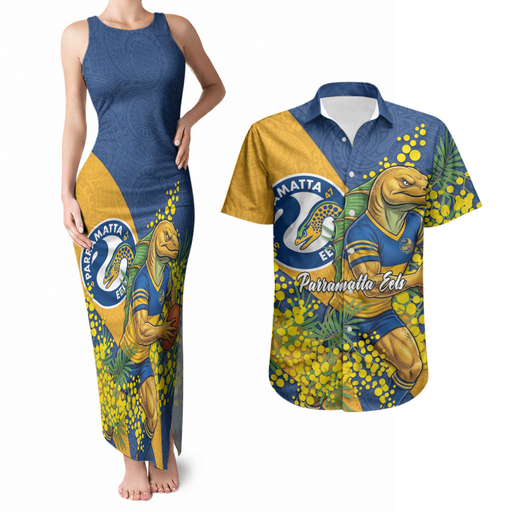 Parramatta Eels Couples Matching Tank Maxi Dress and Hawaiian Shirt Golden Wattle Floral Polynesian - Australian Flower - Rugby Mascot