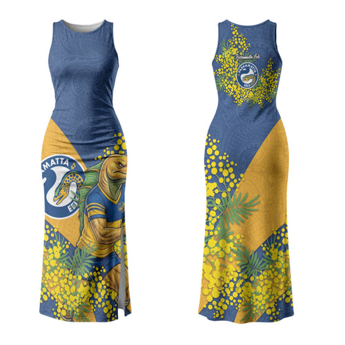 Parramatta Eels Couples Matching Tank Maxi Dress and Hawaiian Shirt Golden Wattle Floral Polynesian - Australian Flower - Rugby Mascot