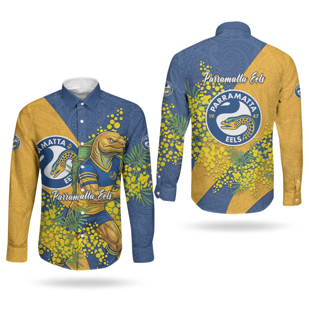 Parramatta Eels Couples Matching Tank Maxi Dress and Long Sleeve Button Shirt Golden Wattle Floral Polynesian - Australian Flower - Rugby Mascot