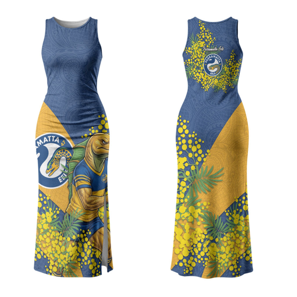Parramatta Eels Couples Matching Tank Maxi Dress and Long Sleeve Button Shirt Golden Wattle Floral Polynesian - Australian Flower - Rugby Mascot