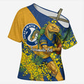 Parramatta Eels Cross Shoulder Shirt Golden Wattle Floral Polynesian - Australian Flower - Rugby Mascot
