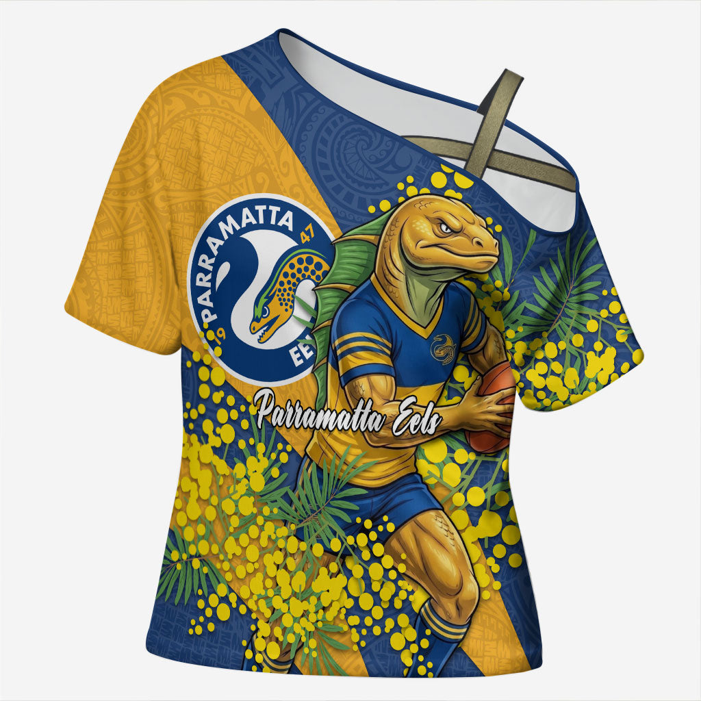 Parramatta Eels Cross Shoulder Shirt Golden Wattle Floral Polynesian - Australian Flower - Rugby Mascot