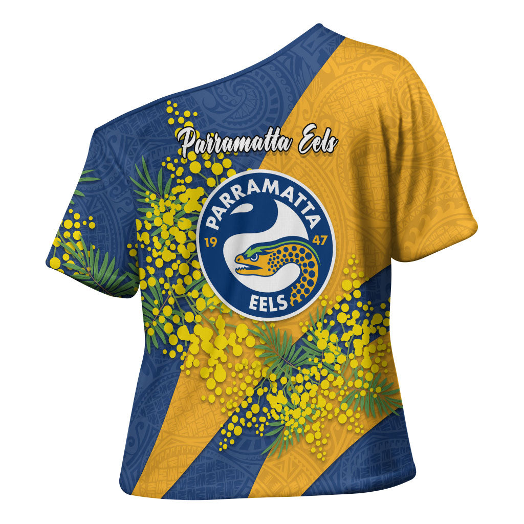 Parramatta Eels Cross Shoulder Shirt Golden Wattle Floral Polynesian - Australian Flower - Rugby Mascot