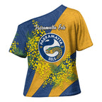 Parramatta Eels Cross Shoulder Shirt Golden Wattle Floral Polynesian - Australian Flower - Rugby Mascot