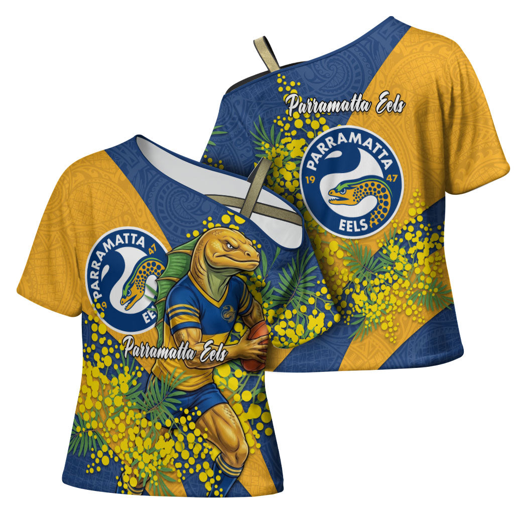 Parramatta Eels Cross Shoulder Shirt Golden Wattle Floral Polynesian - Australian Flower - Rugby Mascot