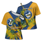 Parramatta Eels Cross Shoulder Shirt Golden Wattle Floral Polynesian - Australian Flower - Rugby Mascot