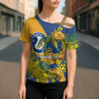 Parramatta Eels Cross Shoulder Shirt Golden Wattle Floral Polynesian - Australian Flower - Rugby Mascot