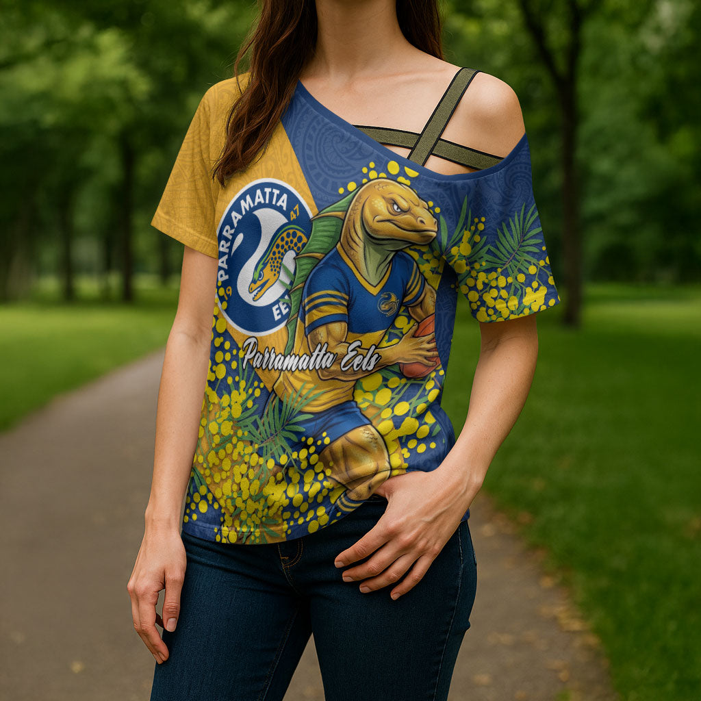 Parramatta Eels Cross Shoulder Shirt Golden Wattle Floral Polynesian - Australian Flower - Rugby Mascot