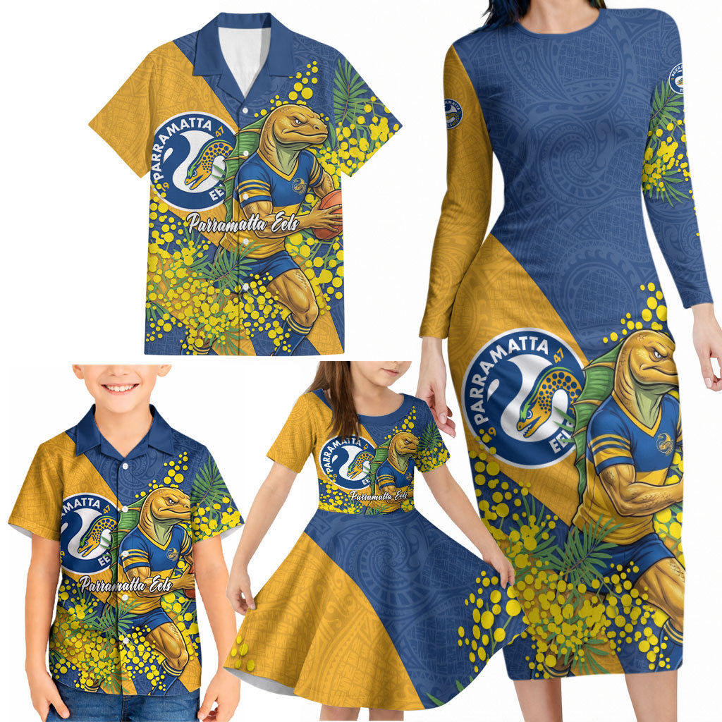 Parramatta Eels Family Matching Long Sleeve Bodycon Dress and Hawaiian Shirt Golden Wattle Floral Polynesian - Australian Flower - Rugby Mascot