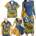 Parramatta Eels Family Matching Long Sleeve Bodycon Dress and Hawaiian Shirt Golden Wattle Floral Polynesian - Australian Flower - Rugby Mascot