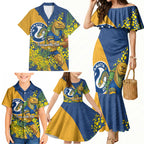 Parramatta Eels Family Matching Mermaid Dress and Hawaiian Shirt Golden Wattle Floral Polynesian - Australian Flower - Rugby Mascot