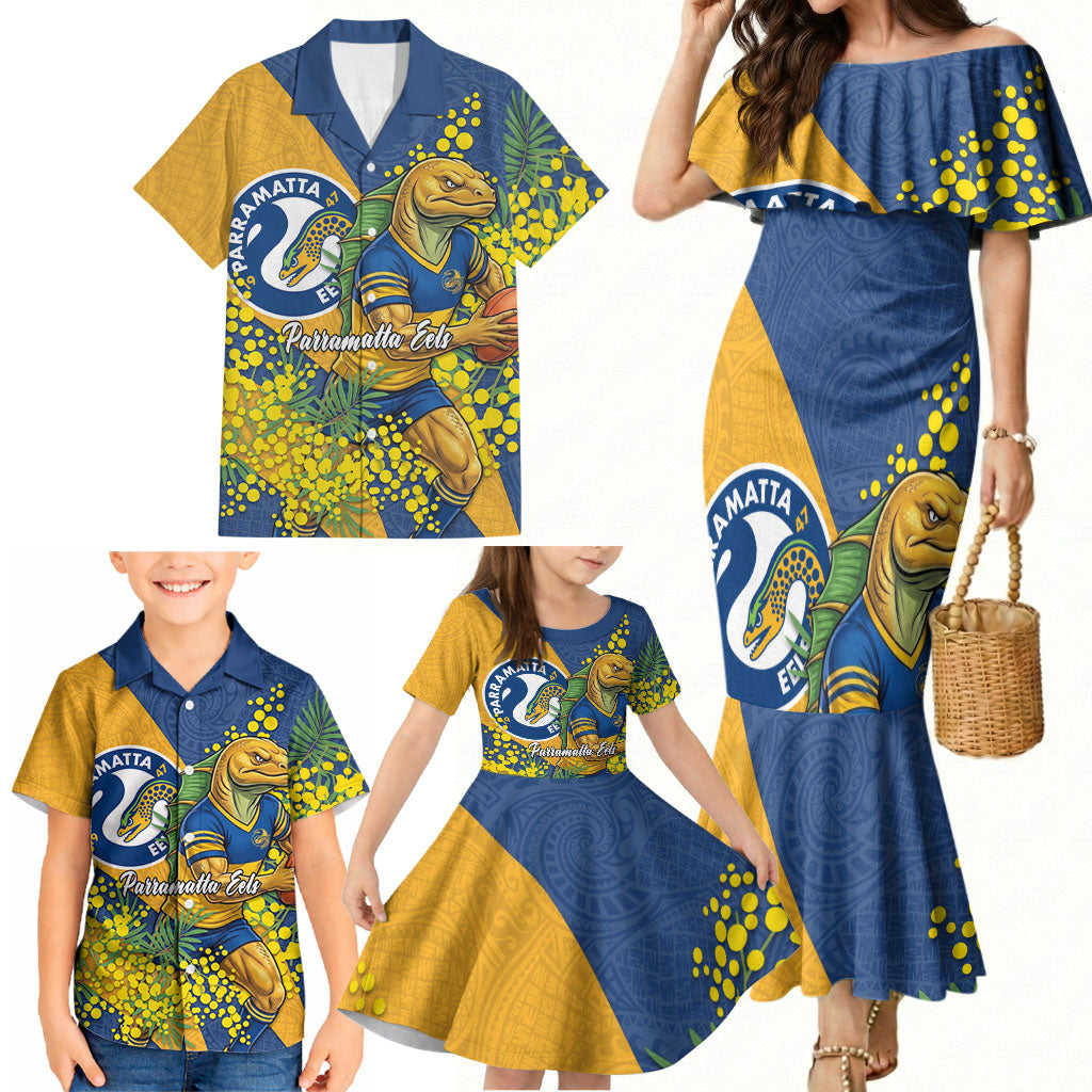 Parramatta Eels Family Matching Mermaid Dress and Hawaiian Shirt Golden Wattle Floral Polynesian - Australian Flower - Rugby Mascot