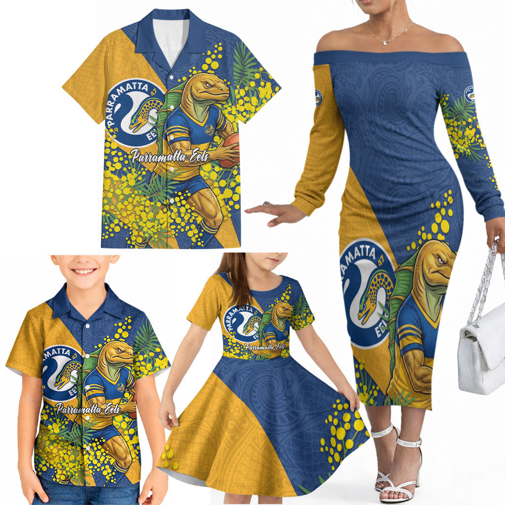 Parramatta Eels Family Matching Off The Shoulder Long Sleeve Dress and Hawaiian Shirt Golden Wattle Floral Polynesian - Australian Flower - Rugby Mascot