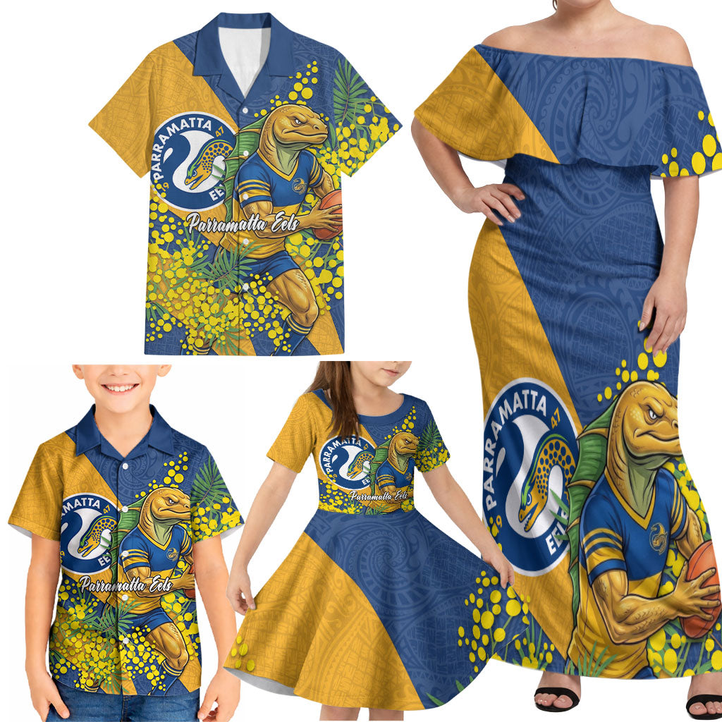 Parramatta Eels Family Matching Off Shoulder Maxi Dress and Hawaiian Shirt Golden Wattle Floral Polynesian - Australian Flower - Rugby Mascot
