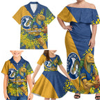 Parramatta Eels Family Matching Off Shoulder Maxi Dress and Hawaiian Shirt Golden Wattle Floral Polynesian - Australian Flower - Rugby Mascot