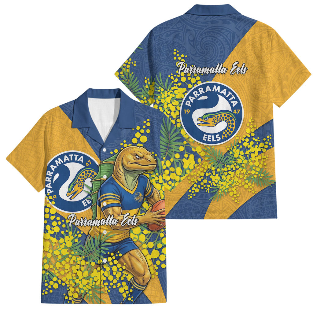 Parramatta Eels Family Matching Off Shoulder Maxi Dress and Hawaiian Shirt Golden Wattle Floral Polynesian - Australian Flower - Rugby Mascot