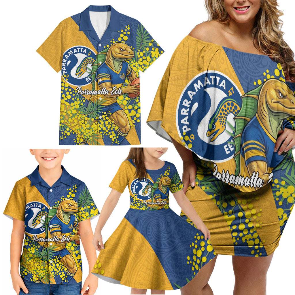 Parramatta Eels Family Matching Off Shoulder Short Dress and Hawaiian Shirt Golden Wattle Floral Polynesian - Australian Flower - Rugby Mascot