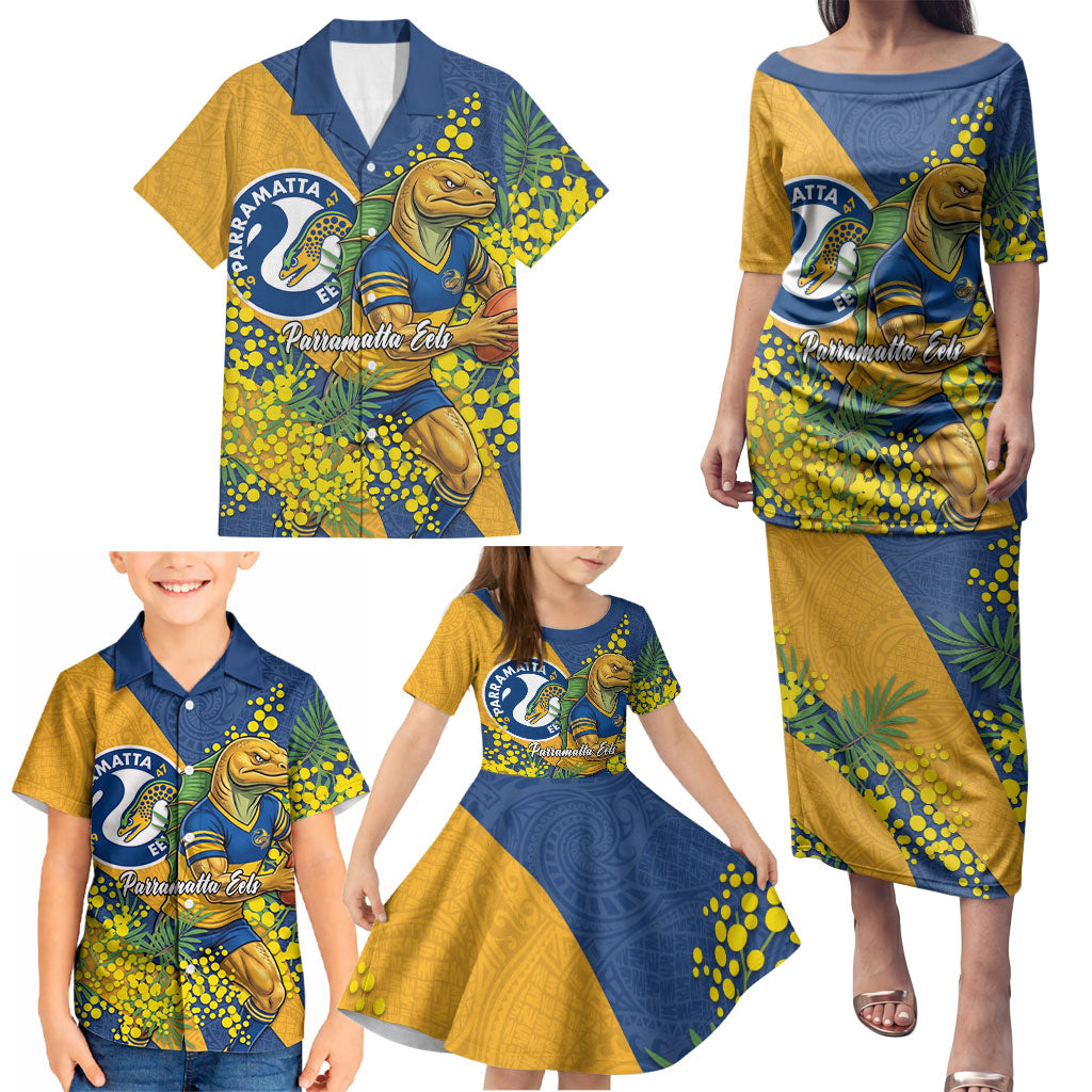 Parramatta Eels Family Matching Puletasi and Hawaiian Shirt Golden Wattle Floral Polynesian - Australian Flower - Rugby Mascot