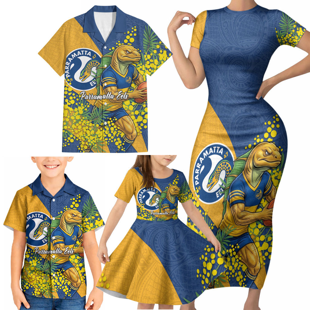 Parramatta Eels Family Matching Short Sleeve Bodycon Dress and Hawaiian Shirt Golden Wattle Floral Polynesian - Australian Flower - Rugby Mascot