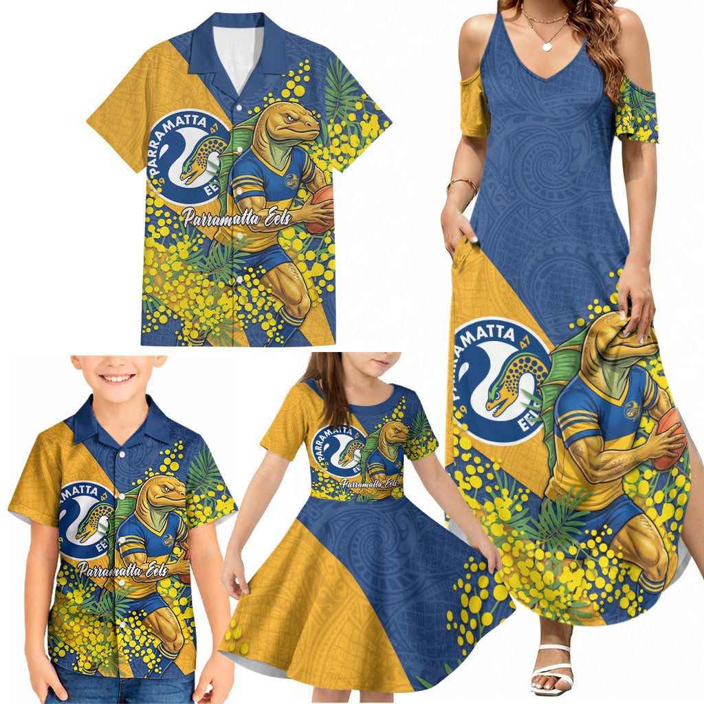 Parramatta Eels Family Matching Summer Maxi Dress and Hawaiian Shirt Golden Wattle Floral Polynesian - Australian Flower - Rugby Mascot
