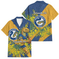 Parramatta Eels Family Matching Summer Maxi Dress and Hawaiian Shirt Golden Wattle Floral Polynesian - Australian Flower - Rugby Mascot