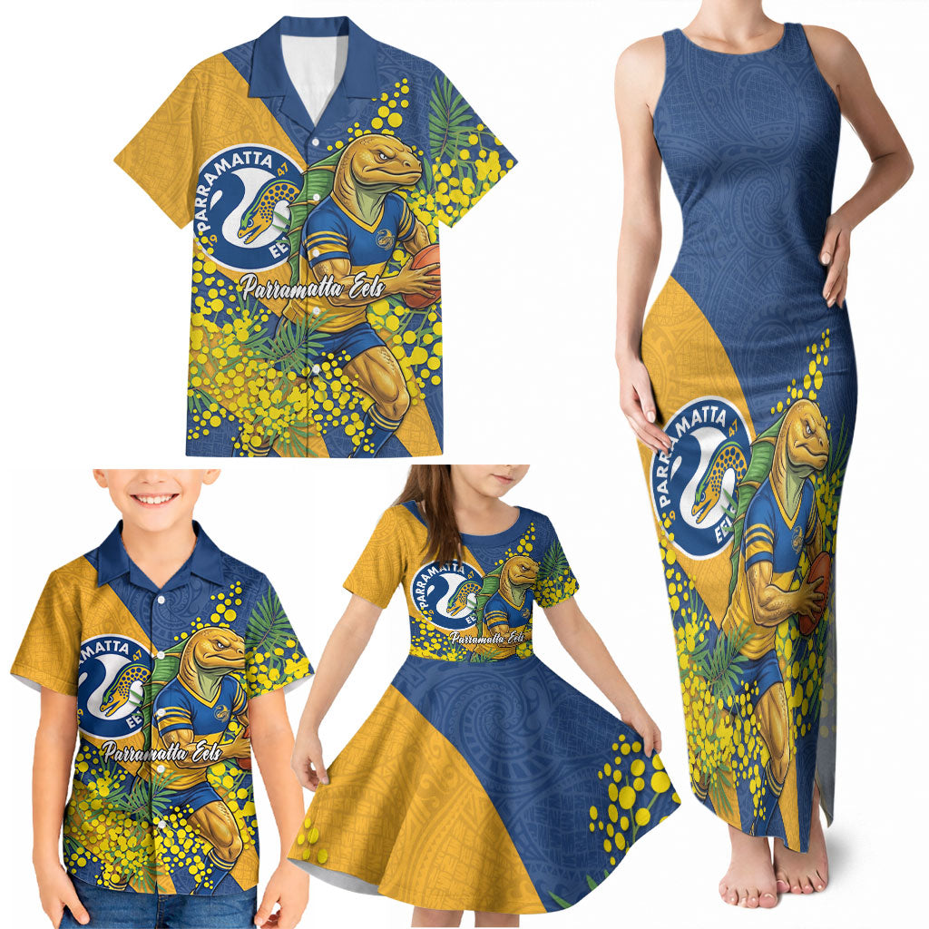 Parramatta Eels Family Matching Tank Maxi Dress and Hawaiian Shirt Golden Wattle Floral Polynesian - Australian Flower - Rugby Mascot