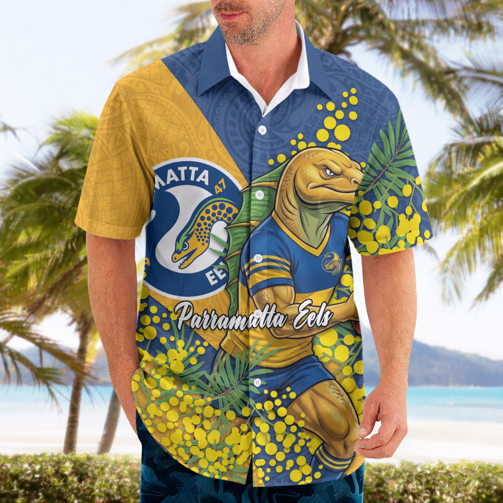 Parramatta Eels Hawaiian Shirt Golden Wattle Floral Polynesian - Australian Flower - Rugby Mascot