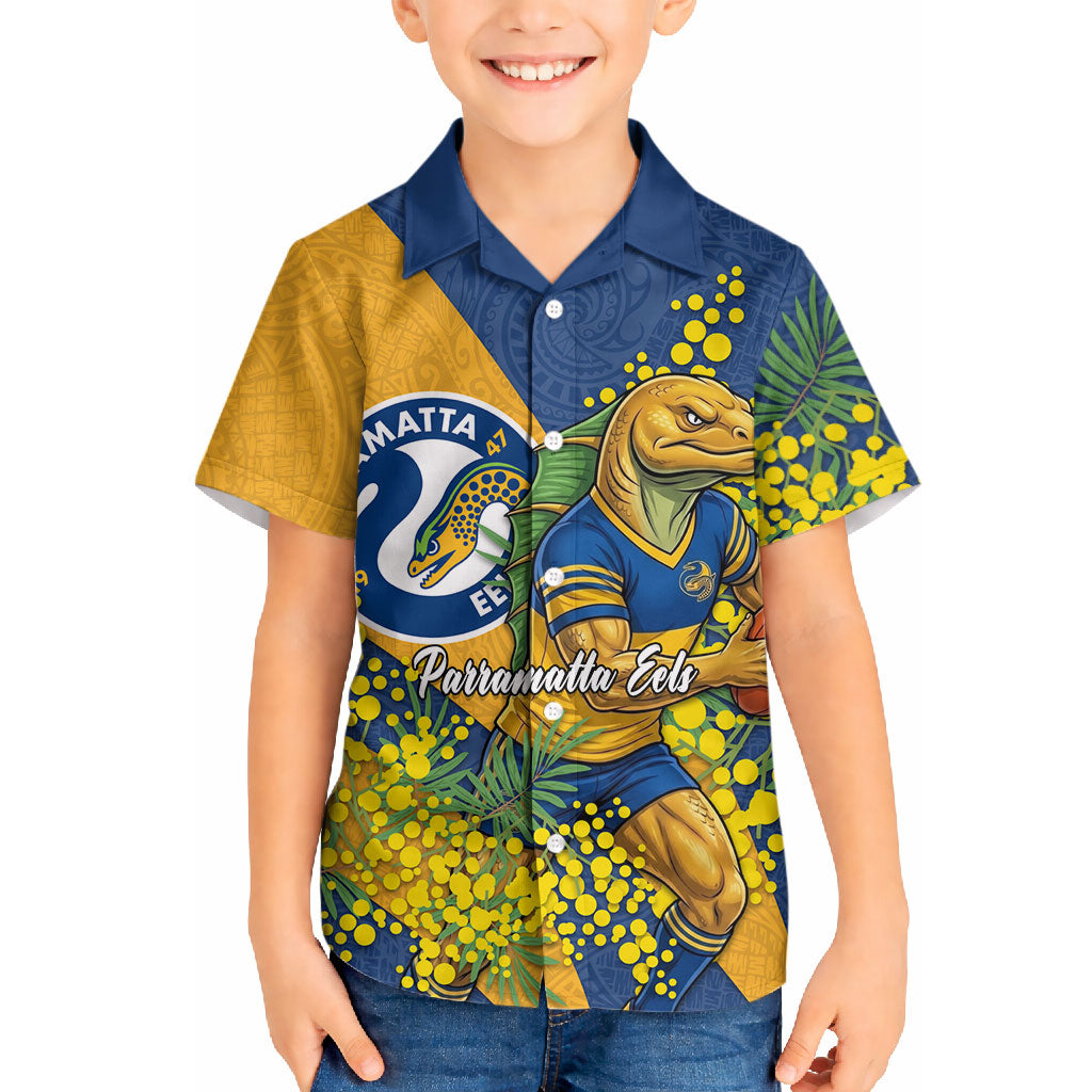 Parramatta Eels Hawaiian Shirt Golden Wattle Floral Polynesian - Australian Flower - Rugby Mascot