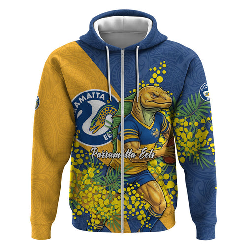 Parramatta Eels Hoodie Golden Wattle Floral Polynesian - Australian Flower - Rugby Mascot