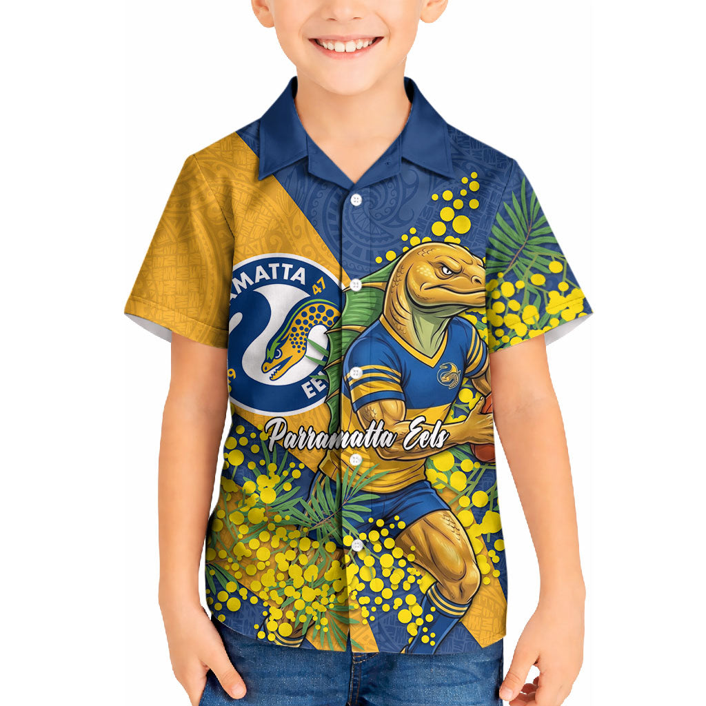 Parramatta Eels Kid Hawaiian Shirt Golden Wattle Floral Polynesian - Australian Flower - Rugby Mascot
