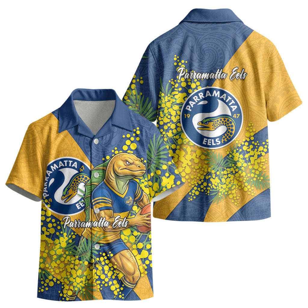 Parramatta Eels Kid Hawaiian Shirt Golden Wattle Floral Polynesian - Australian Flower - Rugby Mascot