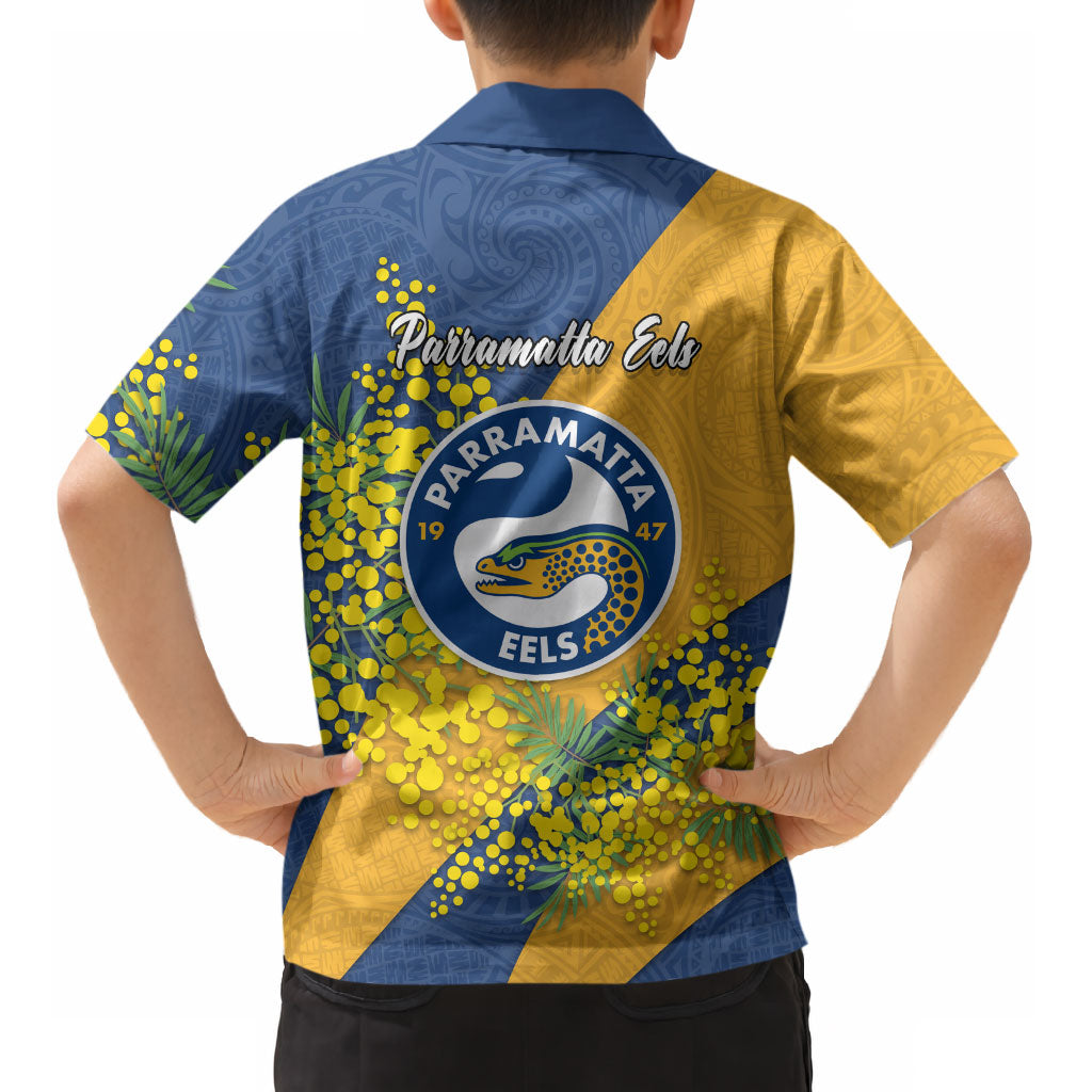 Parramatta Eels Kid Hawaiian Shirt Golden Wattle Floral Polynesian - Australian Flower - Rugby Mascot