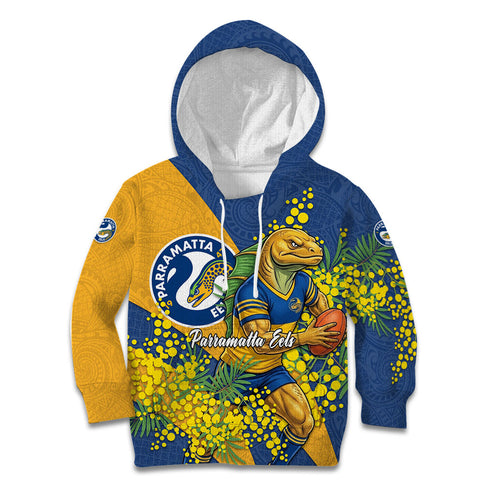 Parramatta Eels Kid Hoodie Golden Wattle Floral Polynesian - Australian Flower - Rugby Mascot