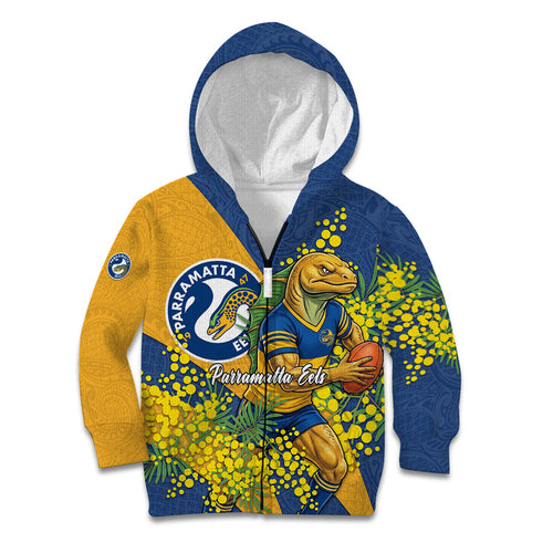 Parramatta Eels Kid Hoodie Golden Wattle Floral Polynesian - Australian Flower - Rugby Mascot