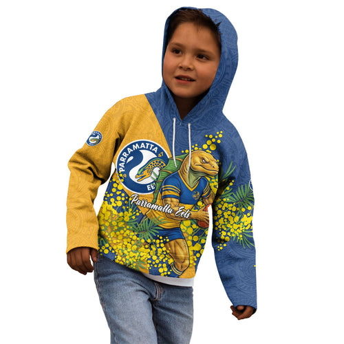 Parramatta Eels Kid Hoodie Golden Wattle Floral Polynesian - Australian Flower - Rugby Mascot