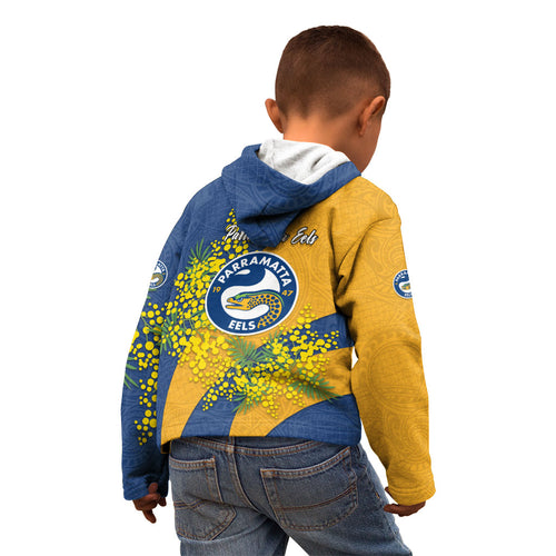 Parramatta Eels Kid Hoodie Golden Wattle Floral Polynesian - Australian Flower - Rugby Mascot