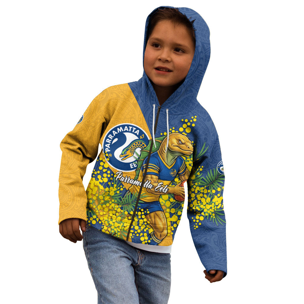 Parramatta Eels Kid Hoodie Golden Wattle Floral Polynesian - Australian Flower - Rugby Mascot