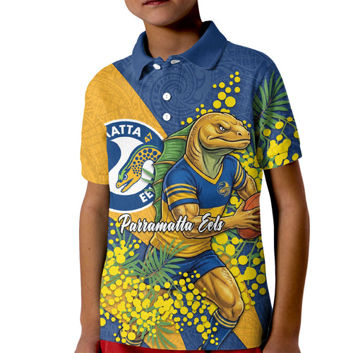 Parramatta Eels Kid Polo Shirt Golden Wattle Floral Polynesian - Australian Flower - Rugby Mascot