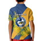 Parramatta Eels Kid Polo Shirt Golden Wattle Floral Polynesian - Australian Flower - Rugby Mascot