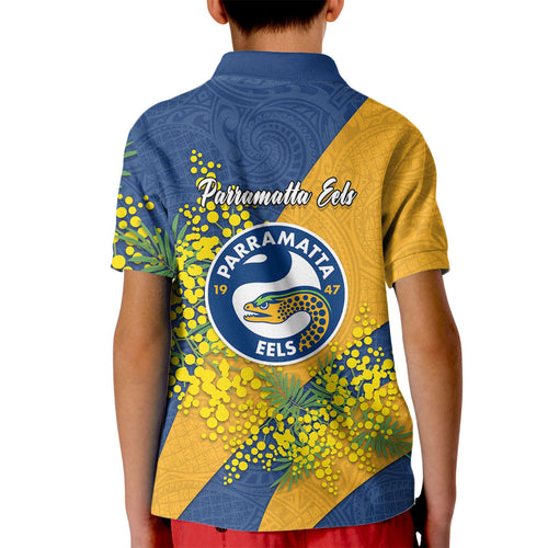 Parramatta Eels Kid Polo Shirt Golden Wattle Floral Polynesian - Australian Flower - Rugby Mascot