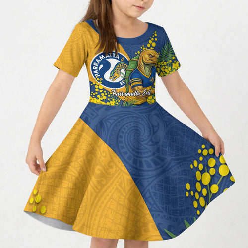 Parramatta Eels Kid Short Sleeve Dress Golden Wattle Floral Polynesian - Australian Flower - Rugby Mascot