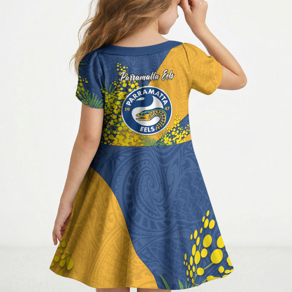 Parramatta Eels Kid Short Sleeve Dress Golden Wattle Floral Polynesian - Australian Flower - Rugby Mascot