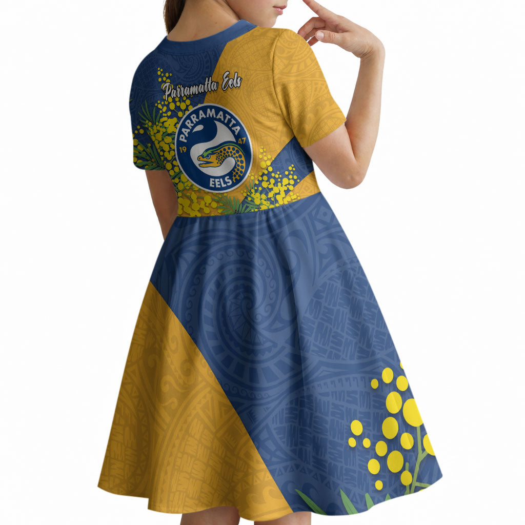 Parramatta Eels Kid Short Sleeve Dress Golden Wattle Floral Polynesian - Australian Flower - Rugby Mascot