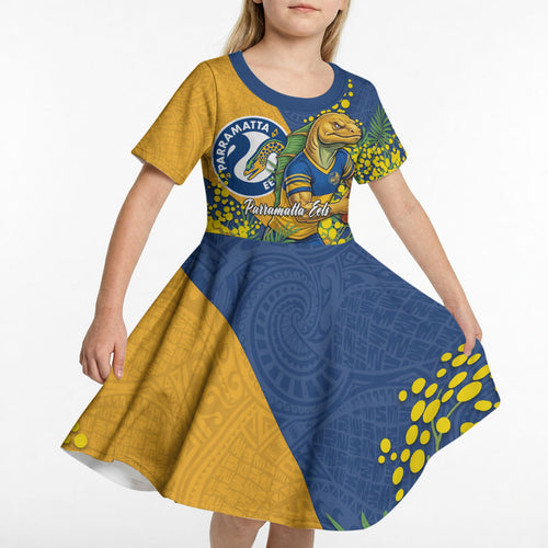 Parramatta Eels Kid Short Sleeve Dress Golden Wattle Floral Polynesian - Australian Flower - Rugby Mascot