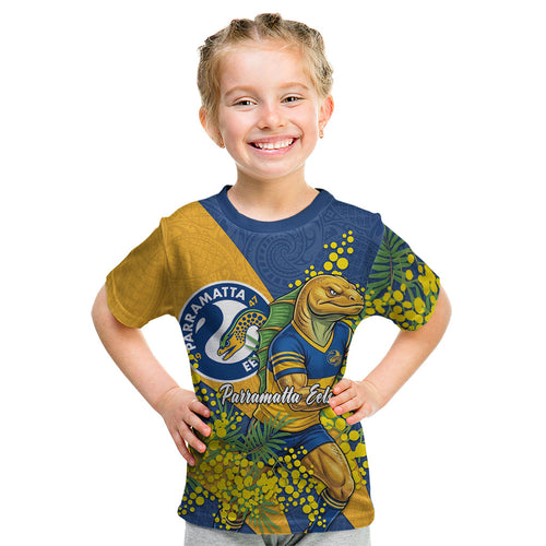 Parramatta Eels Kid T Shirt Golden Wattle Floral Polynesian - Australian Flower - Rugby Mascot