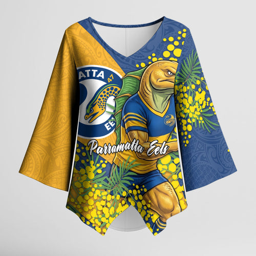Parramatta Eels Kimono Sleeve Blouse Golden Wattle Floral Polynesian - Australian Flower - Rugby Mascot